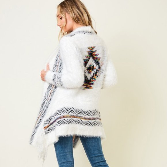 NEW ON BLUE AZTEC SOUTHWESTERN sweater drape cardigan fringe white soft Sm-3XL - Picture 2 of 9
